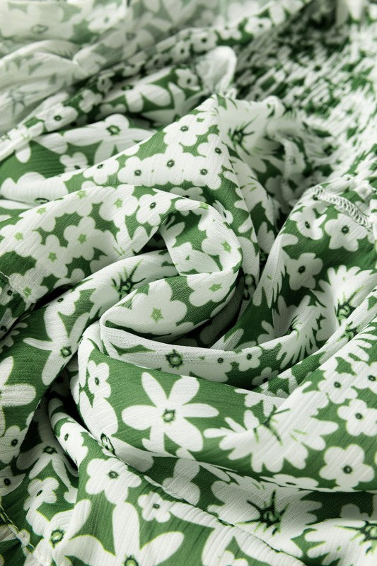 Floral Square Neck Shirred Waist Ruffle Dress