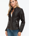 Snobbish Faux Leather Biker Jacket with Side Zip Pockets