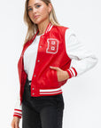 Love Me Now PU Leather Contrast Snap Down Bomber Jacket