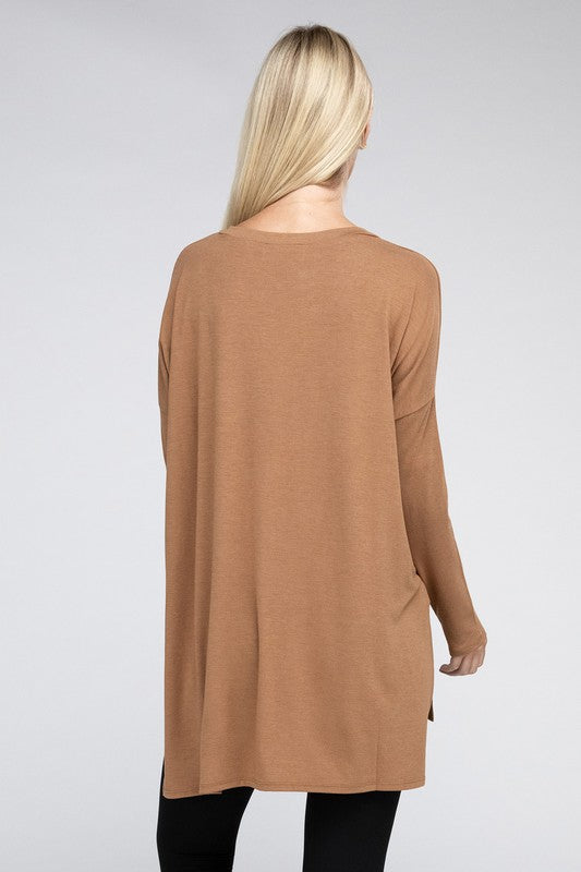 Zenana Dolman Long Sleeve V-Neck Side Slit Hi-Low Hem Top