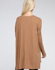 Zenana Dolman Long Sleeve V-Neck Side Slit Hi-Low Hem Top