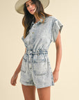 Annie Wear Elastic Waistband Short Sleeve Denim Romper