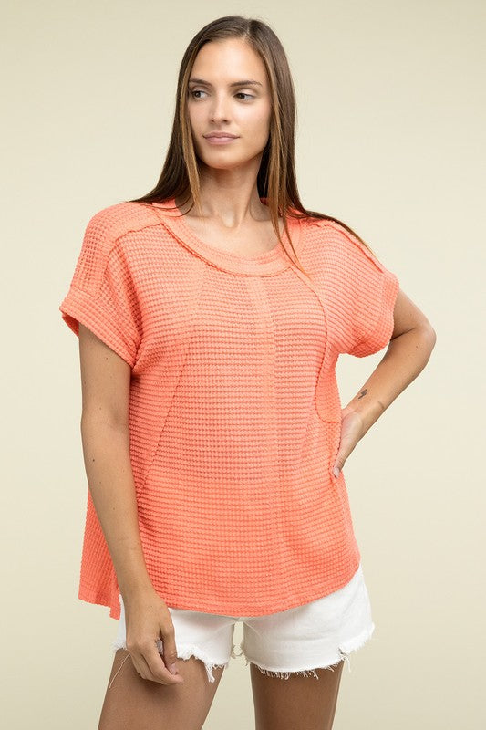 Zenana Brushed Waffle Exposed-Seam Short Sleeve Top