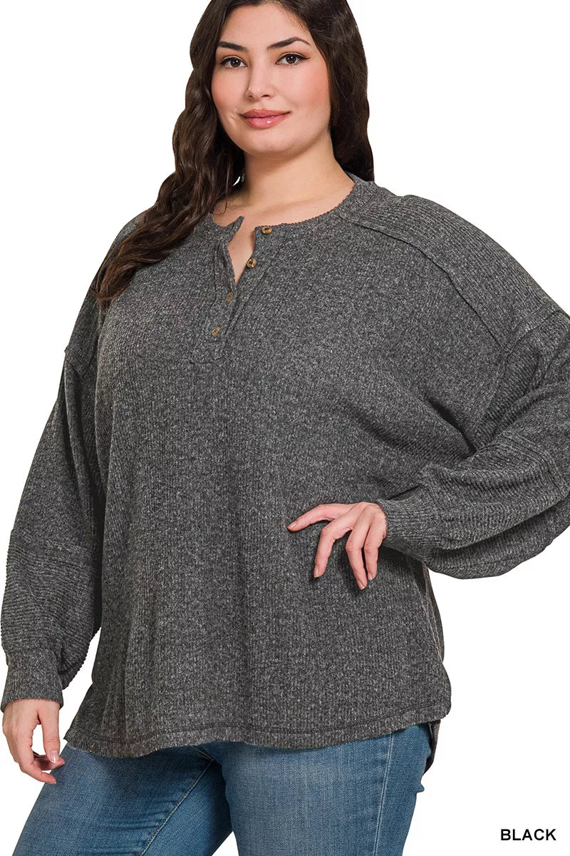 Zenana Full Size Ribbed Brushed Hacci Melange Henley Sweater Plus Size