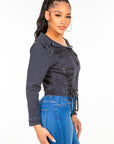 American Bazi Off Shoulder Lace Up Denim Jacket