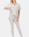 Zenana V-Neck Rolled Short Sleeve T-Shirt and Leggings Lounge Set