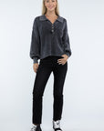 ZENANA Washed Collared Henley Sweater