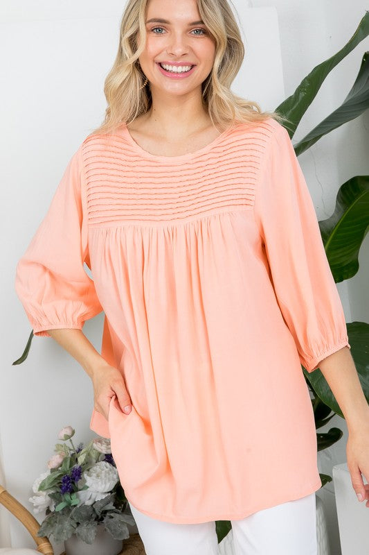 e Luna Solid Pintuck Tunic Blouse