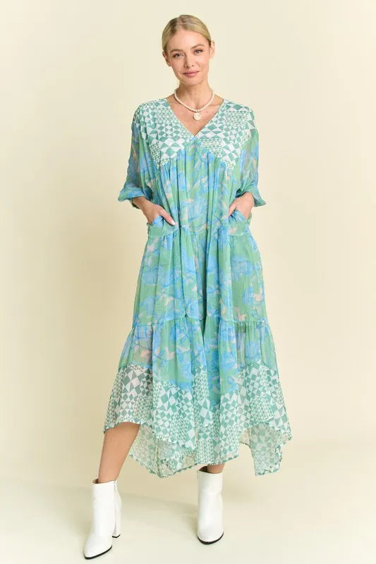 Davi & Dani Geo and Floral Print Mixed Tiered Dress in Mint