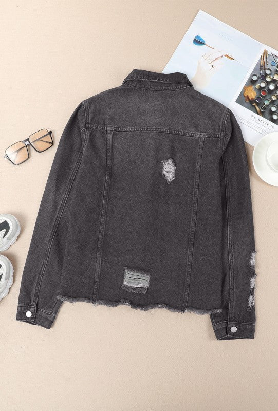 Denim Lapel Distressed Raw Hem Buttoned Jacket