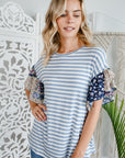 e Luna Striped Woven Floral Ruffle Top