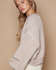 POL Round Neck Heart Patch Zipper Point Sleeve Sweater