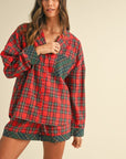 Annie Wear Contrast Plaid Long Sleeve Top and Shorts Set