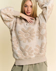 Davi & Dani Flower Texture Round Neck Dropped Shoulder Sweater