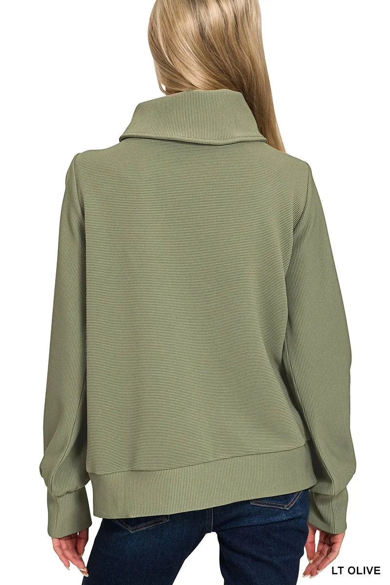 Zenana Ribbed High Neck Half Zip Pullover & Pants Set in Olive