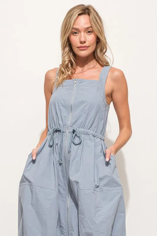 And The Why Front Zipper Overall Dress with String Details