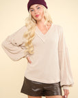 VERY J Two Tone Ribbed V-Neck Exposed Seam Top