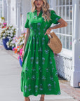 Floral Split Neck Shirred High Waist Maxi Dress
