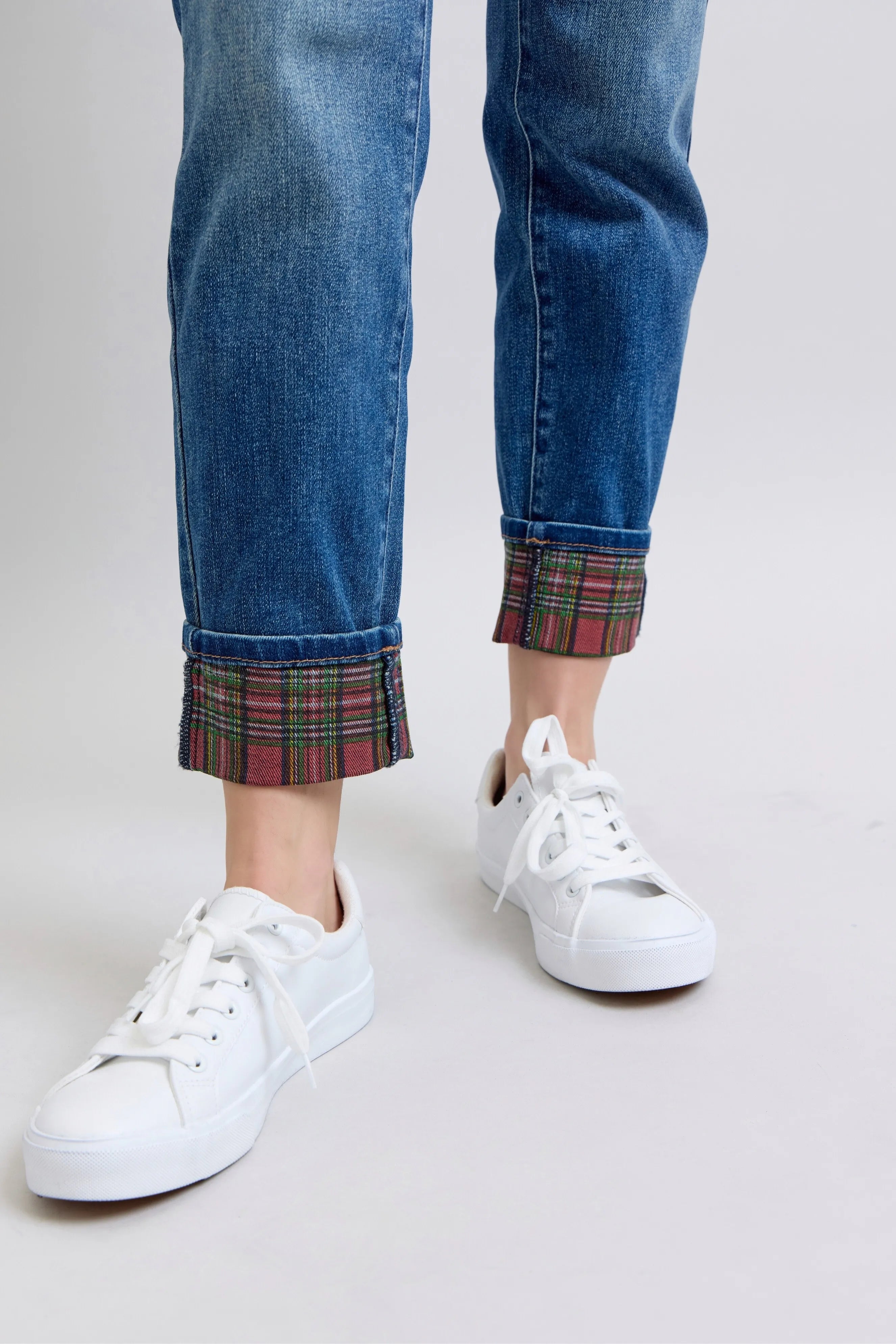 Judy Blue Full Size Mr Plaid Print Cuff Bf Jeans Plus Size