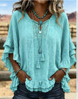 Women's Boho V-Neck Lace-Up Ruffle Sleeve Blouse – Lace Trim