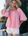 ODDI Full Size Poplin Bubble Sleeve Blouse