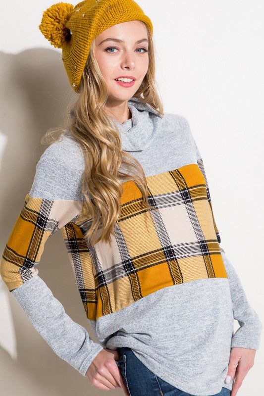 e Luna Plaid Mixed Turtle Neck Top