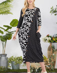 Celeste Full Size Floral Polka Dot Contrast Midi-Dress with Pockets