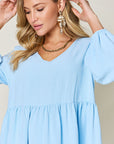 Double Take Full Size V-Neck Balloon Sleeve Tiered Dress with Pockets