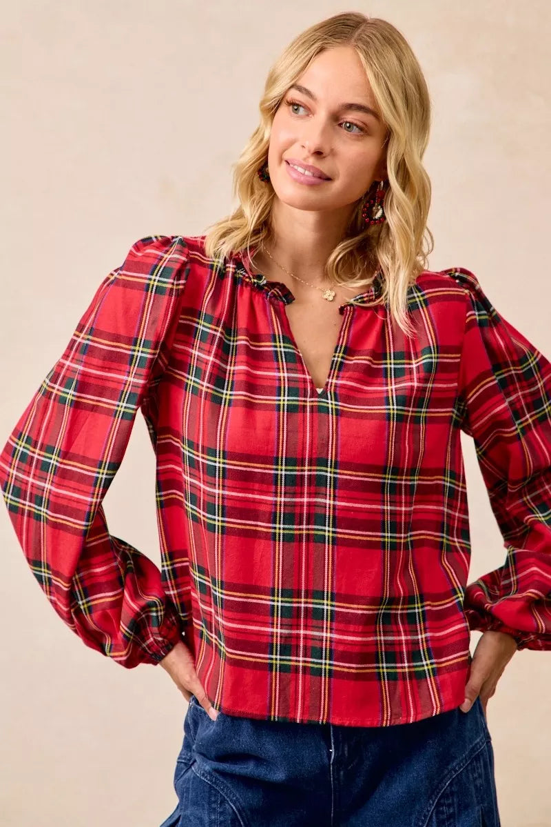 BiBi Christmas Plaid Balloon Sleeves Ruffled V-Neck Top