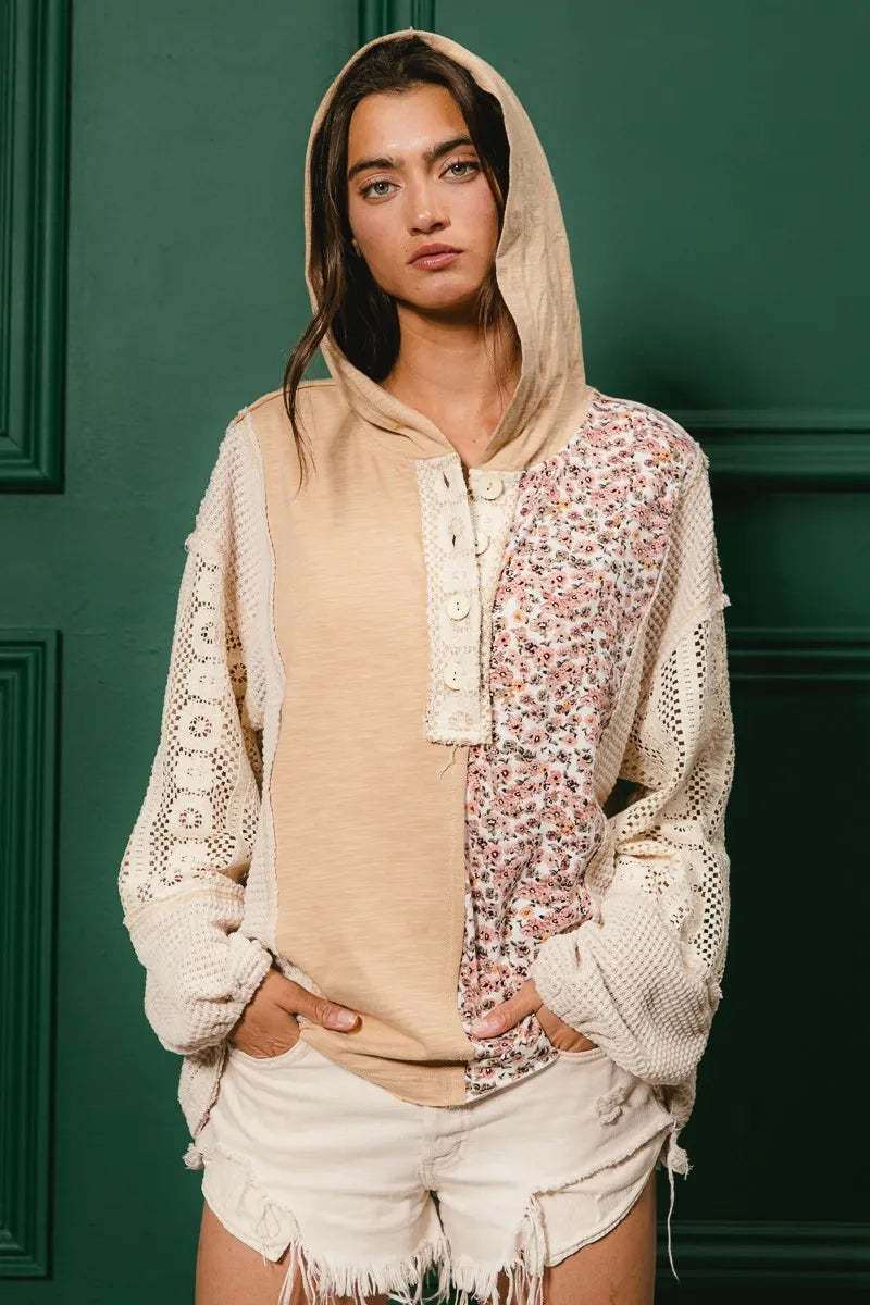 BiBi Slub Jersey with Lace Combo Buttoned Hoodie Top