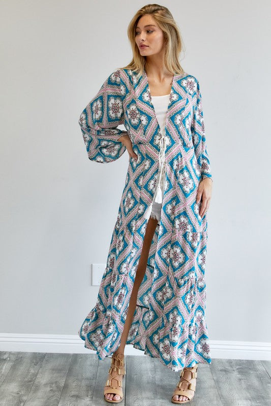 Davi &amp; Dani Printed Long Sleeve Loose Kimono - Online Only