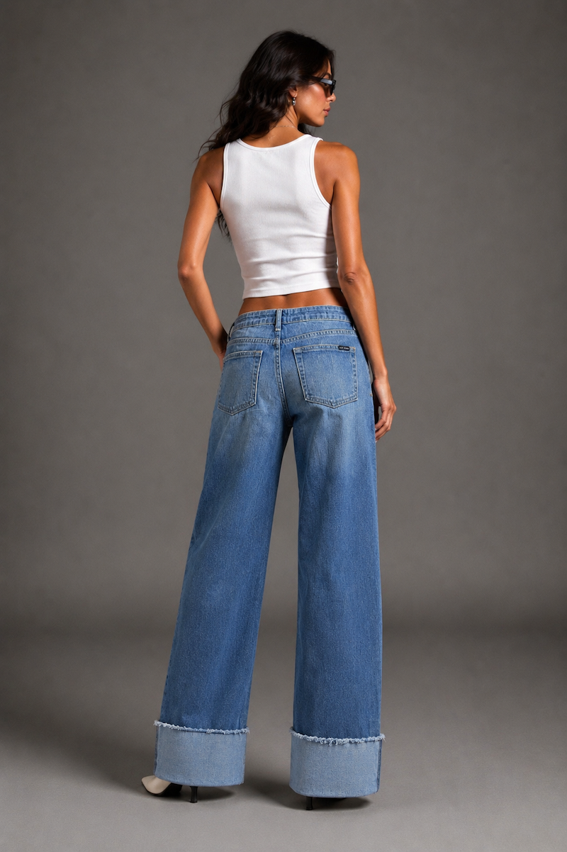 GJG Denim Silver Static Studded Wide-Leg Jeans — Medium Wash
