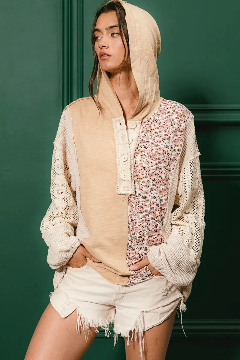 BiBi Slub Jersey with Lace Combo Buttoned Hoodie Top