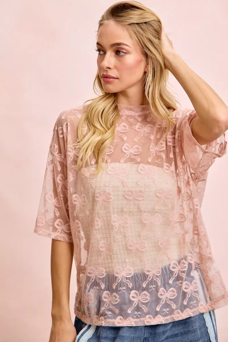 BiBi Bow Pattern Short Sleeves Boxy Mesh Top