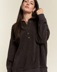 Jade By Jane PLUS Long Sleeve Button Down Ribbed Hooded Sweatshirt