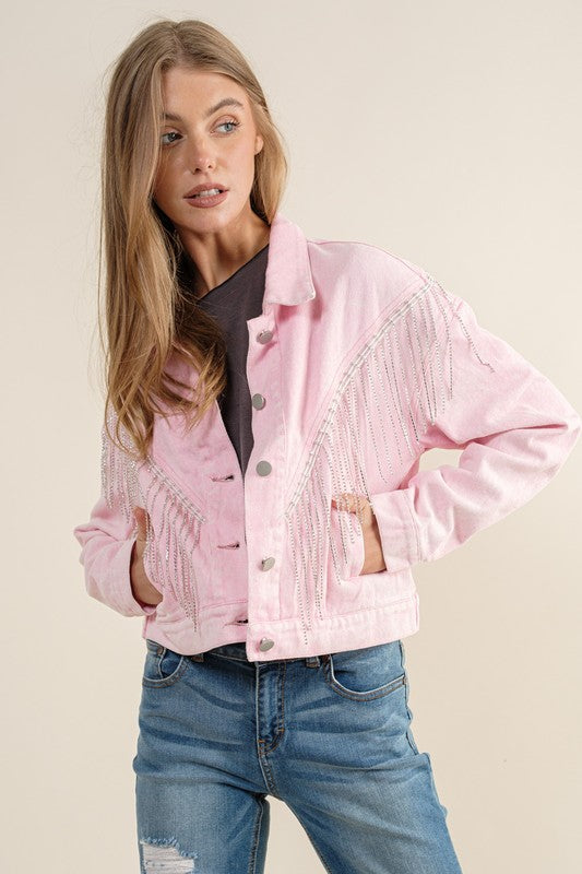 Cropped Denim Jacket with Rhinestone Fringe