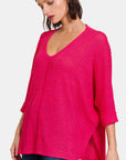 Zenana V-Neck High-Low Jacquard Knit Top