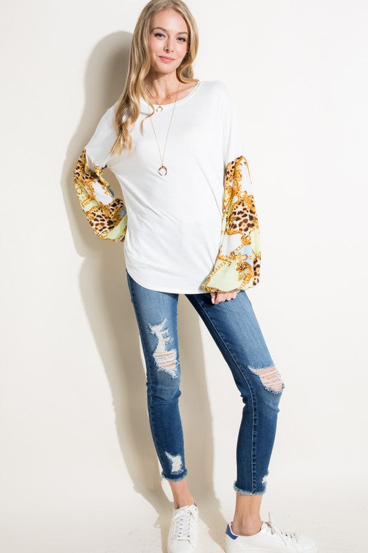 e Luna Print Solid Mix Volume Sleeve Top