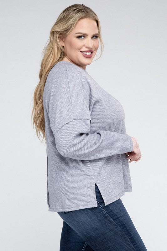 Zenana Plus Ribbed Brushed Melange Hacci Sweater