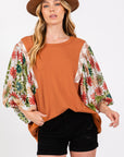 SAGE + FIG Full Size Printed Balloon Sleeve Contrast Top