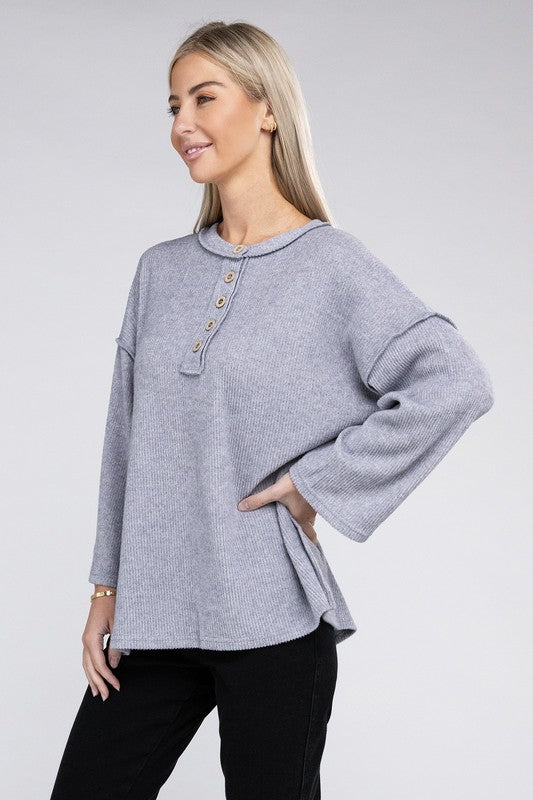 Zenana Ribbed Brushed Melange Hacci Henley Sweater