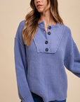 Annie Wear Half Button Ribbed Hem Sweater