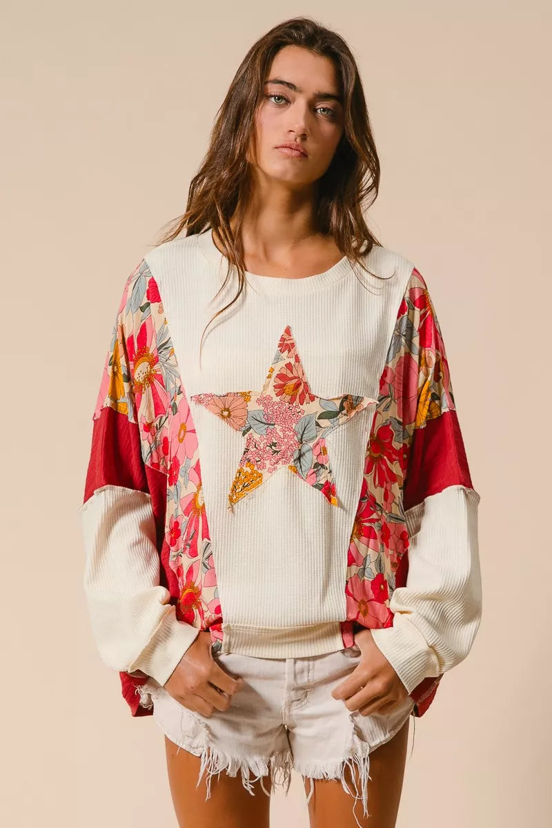 BiBi Floral Print Mixed Star Patch Round Neck Sweatshirt