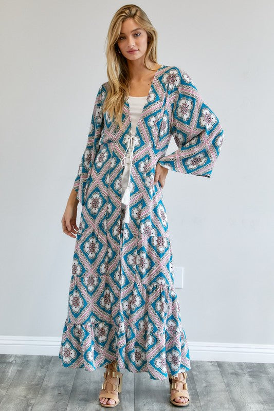 Davi &amp; Dani Printed Long Sleeve Loose Kimono - Online Only