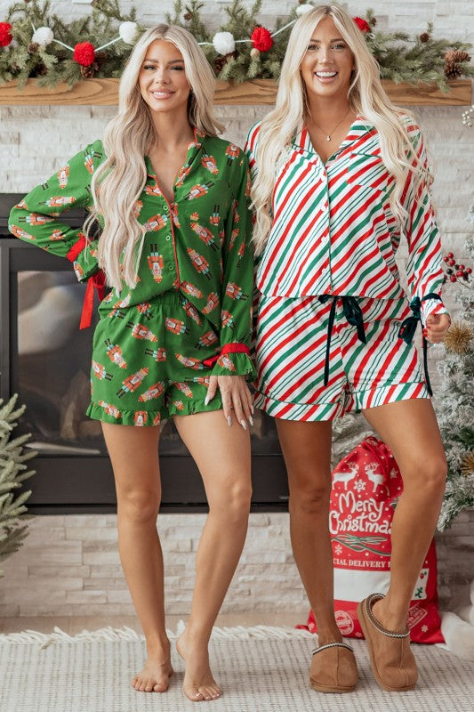 Christmas Stripe Velvet Bow Cuffs Pajama Set