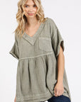 Mittoshop Mineral Wash Gauze Babydoll V-Neck Oversized Blouse