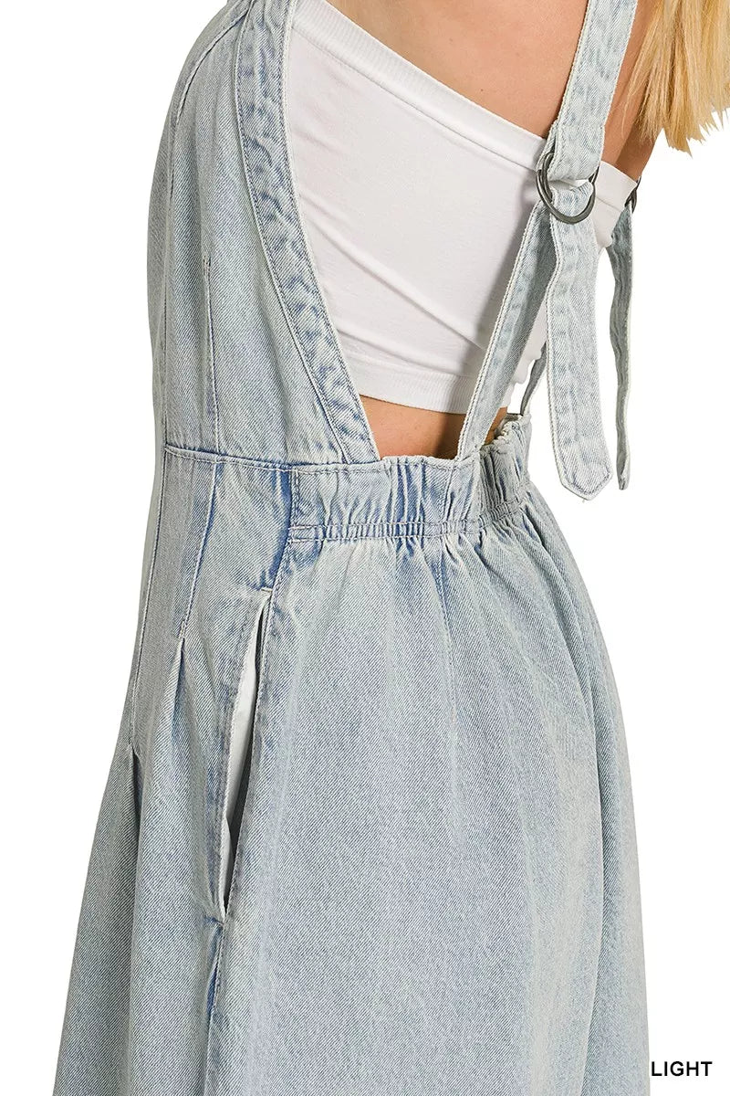 Zenana Denim Light Washed Wide Leg Overalls