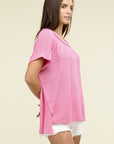 Zenana Brushed Waffle Exposed-Seam Short Sleeve Top