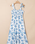 Floral Shirred Bodice Knot Shoulder Maxi Dress