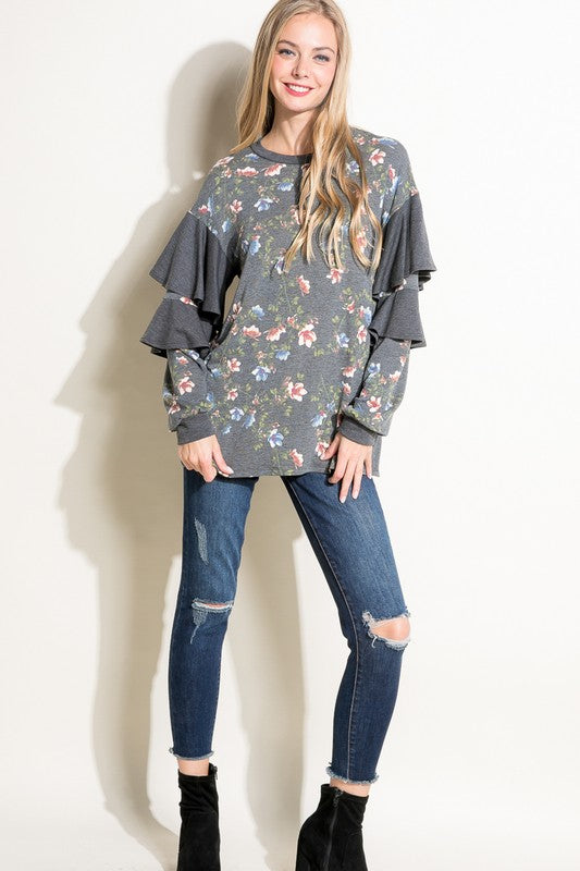 e Luna Floral Mixed Long Sleeve Ruffle Top